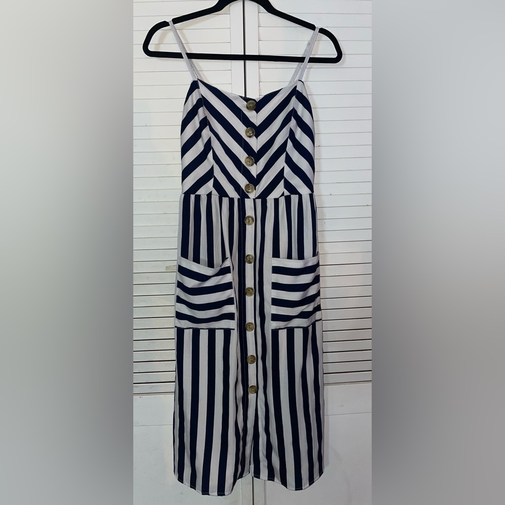 Blue and white stripe maxi dress with front buttons